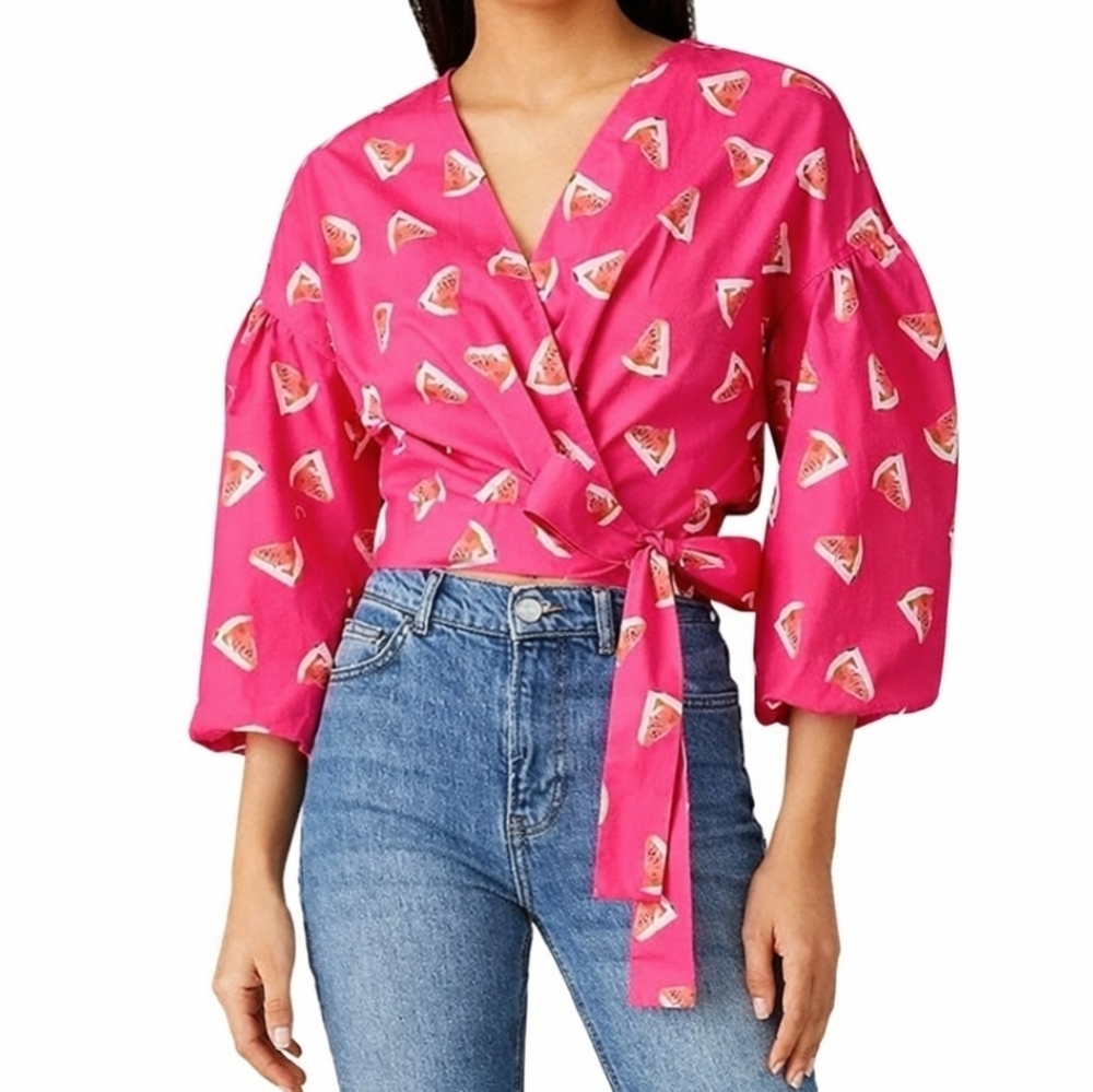 Color Me Courtney Watermelon Puff Sleeve Wrap Top Fruitcore Barbiecore Small S